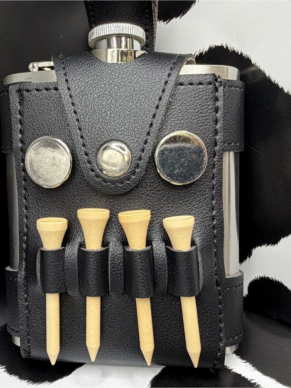 Leather Golf Tee & Stainless Flask Holder with 4 Wooden Tees - Black